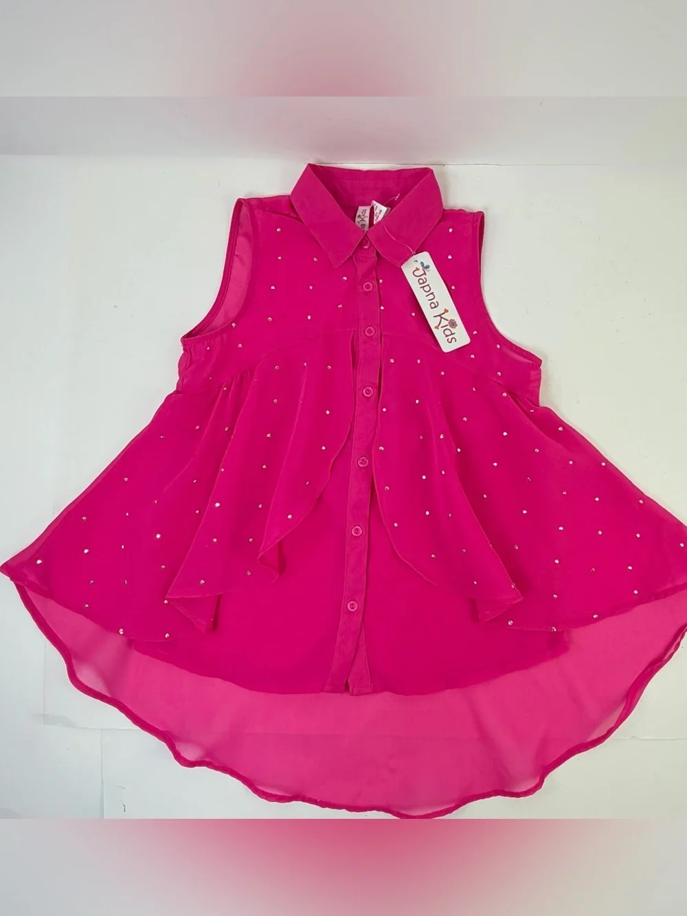 Japna Kids Hot Pink Rhinestone Sheer High Low Tunic Blouse Size 8 NWT
